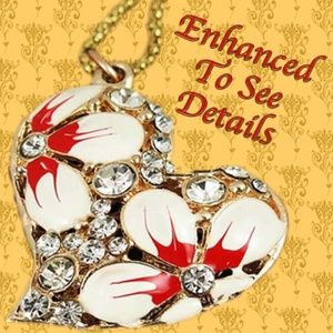 White crystal enamel Heart Pendant Necklace-Bohemian Floral-Unique